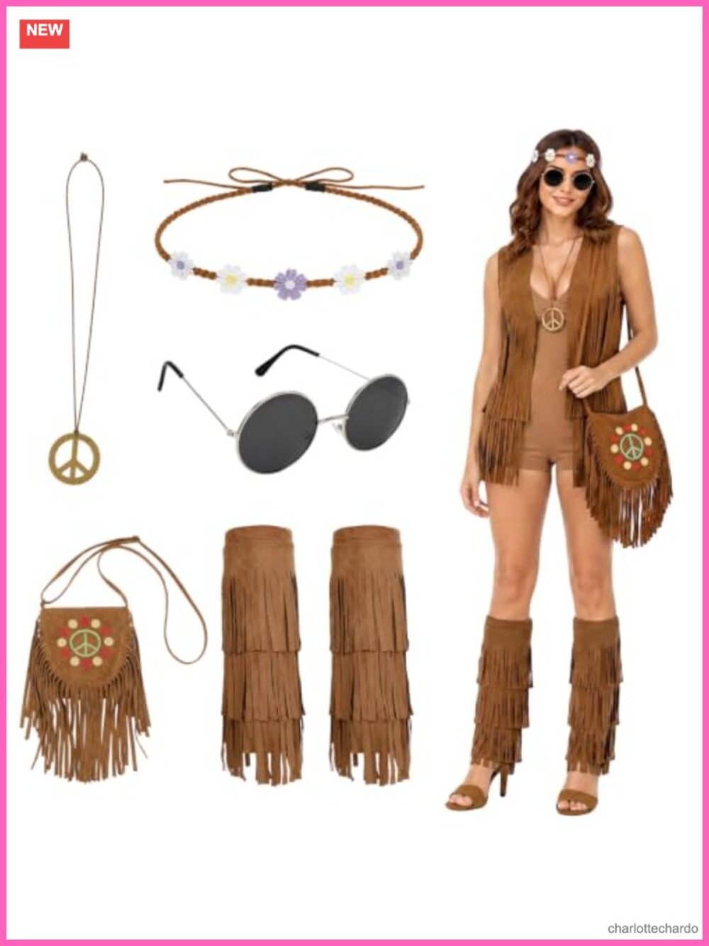 Hippie Costume Accessories Set Fringe Vest Sunglasses Necklace 6 Piece